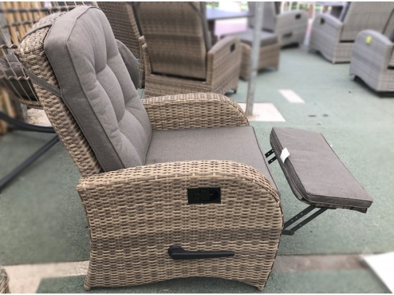 brown reclining rattan chair + built in footrest - garden furniture uk